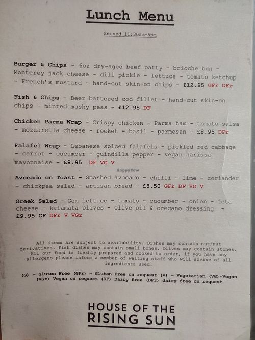 Lunch menu at House of the Rising Sun in Shrewsbury