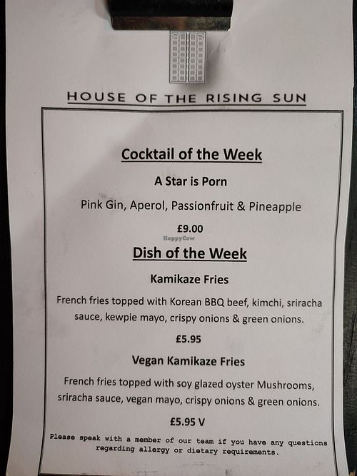 Menu at House of the Rising Sun in Shrewsbury