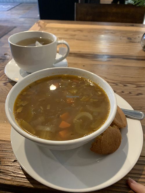 Lentil soup comes with vegan corn muffins at Nutmeg Cafe in Tuckahoe