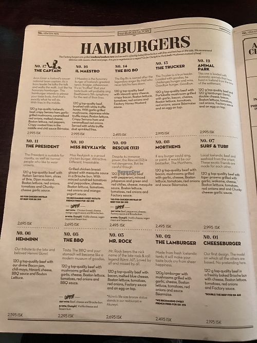 Menu at Hamborgarafabrikkan in Reykjavik