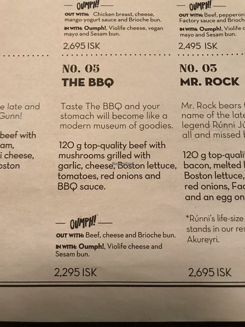 Menu at Hamborgarafabrikkan in Reykjavik
