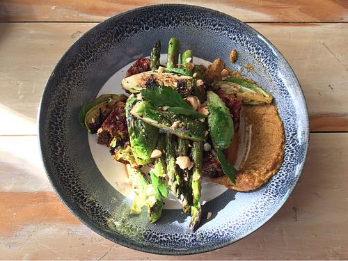 Beetroot and Caraway loaf (vegan) with asparagus and brussel sprouts  at Local Press Cafe in Canberra