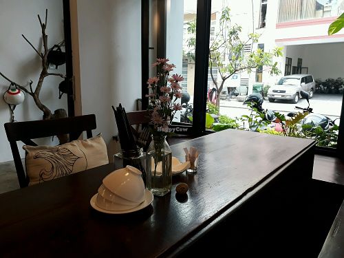 Inside looking out at ROM Vegetarian Restaurant in Da Nang