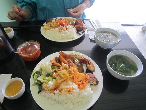 Plate full of various delicious, dishes with tasty soup included. at Com Chay Thanh Dam in Da Lat