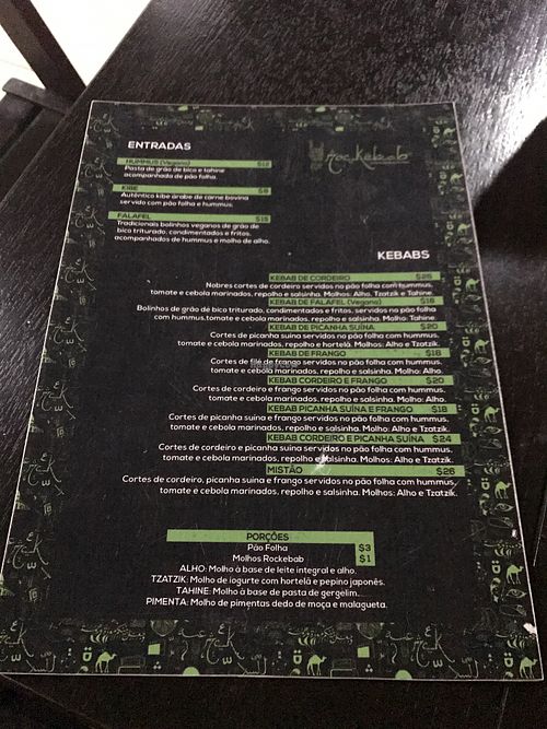 Menu at Rockebab in Porto De Galinhas