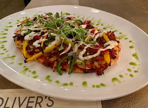 Italian sausage peppedew flatbread  at Oliver's in Santa Barbara