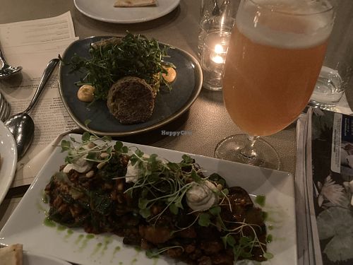 Artichoke crab cakes & vegan ravioli  at Oliver's in Santa Barbara