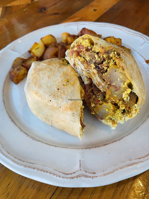 Vegan Meat-Lovers Breakfast Burrito at Two Dollar Radio Headquarters in Columbus