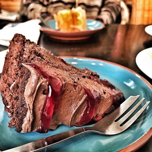 Vegan black cherry & chocolate cake at Oak St Coffee in Llangollen