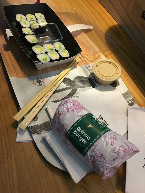 Avocado sushi, quinoa burger and sesame dip  at STN - Itsu in Stansted
