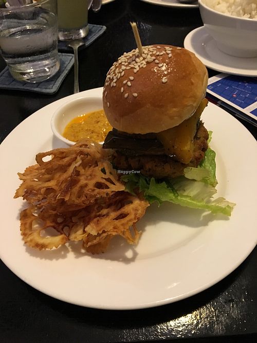 Falafel burger with lotus crisps at Friends in Phnom Penh