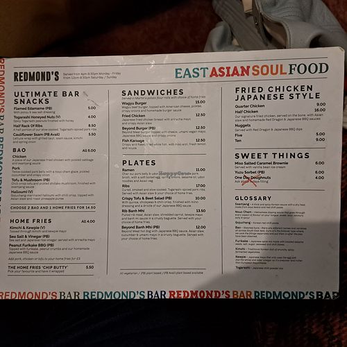 Menu (December 2022) at Redmond's in Glasgow