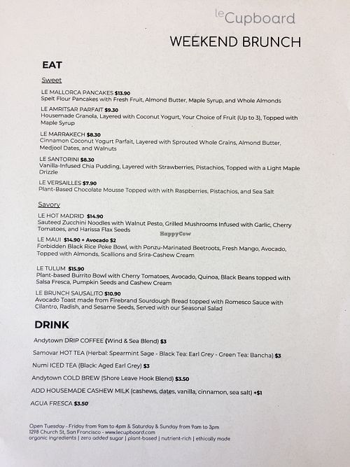 Weekend brunch menu at leCupboard Cafe in San Francisco
