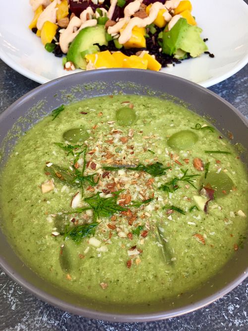 Amazing gazpacho soup special (foreground) at leCupboard Cafe in San Francisco