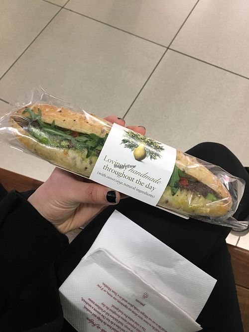 Tasty avocado pesto ciabatta with rocket salad and sundried tomatoes  at STN - Pret A Manger in Stansted