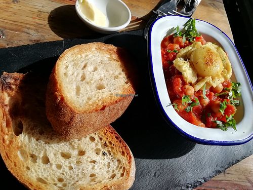 Shaksuka (chickpeas in tomato topped with fried 'egg') at Beetroot Sauvage in Edinburgh