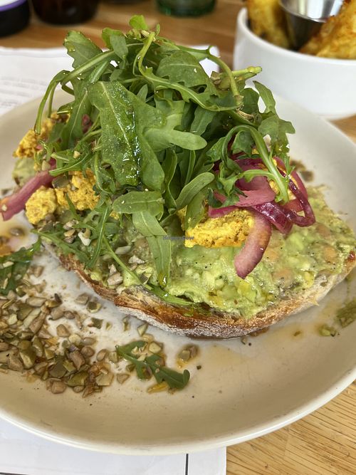 Avocado toast with tofu scramble  at Serenity Now in Glasgow