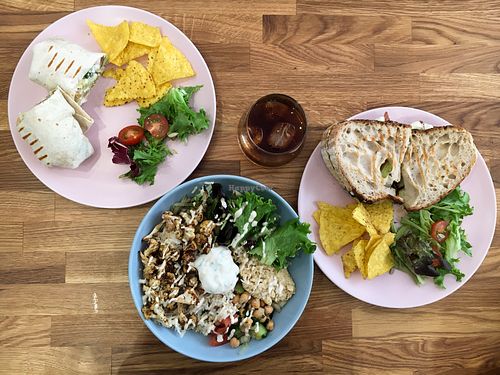 spread of wrap, sandwich and cauliflower shawarma bowl at Serenity Now in Glasgow