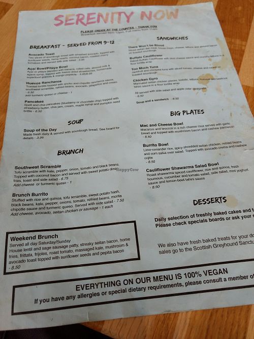 Menu at Serenity Now in Glasgow
