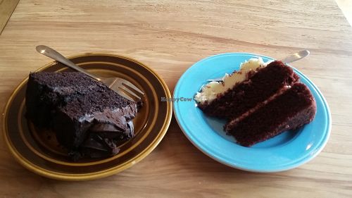 Red velvet cake and chocolate cake at Shoe Tree Cafe in Newcastle Upon Tyne