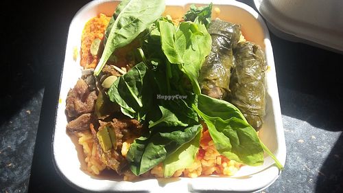 Tomato rice, vine leaves seeds, spinach and dip salad box at Shoe Tree Cafe in Newcastle Upon Tyne