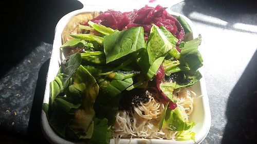Rice noodles with sesame, pak choi, pickled red cabbage and aubergines salad box at Shoe Tree Cafe in Newcastle Upon Tyne