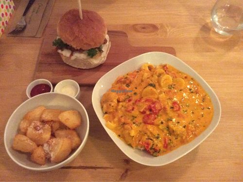 Cassava chips, jack fruit burger and the special! at Essential Vegan @ Ten to One Bar in North London