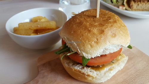 Gourmet burger and cassava chips at Essential Vegan @ Ten to One Bar in North London