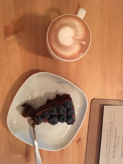 Mocha + Chocolate and blueberry cake at Essential Vegan @ Ten to One Bar in North London