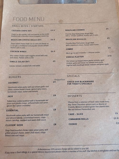 menu at Essential Vegan @ Ten to One Bar in North London