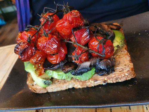 Avo, mushrooms and tomatoes on seeded bread. Yum at Stamford Pantry Co in Stamford