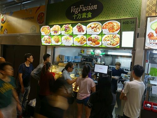 queue in front of stall during dinner hours  at VegFusion Food Stall in West Singapore
