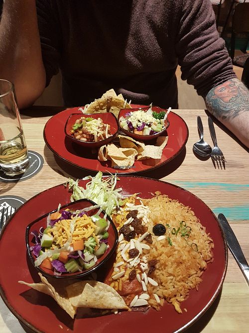 Vegan picadillo enchiladas served with salad and rice. at Montezuma's in Williams Landing
