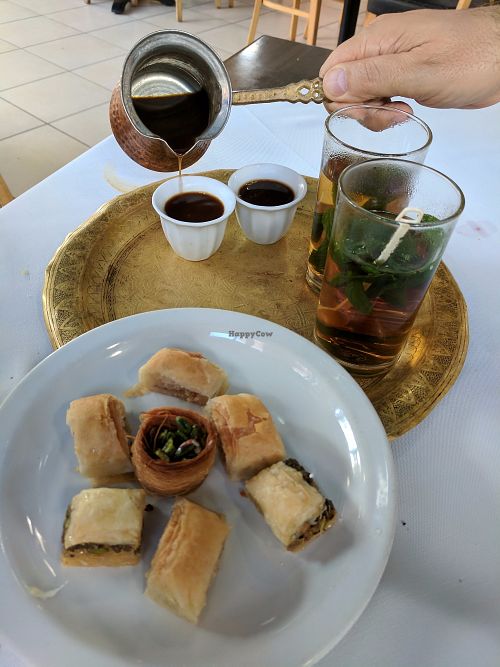 Dessert - coffee, tea, and baklava (baklava not vegan) at Naurah in Abu Ghosh
