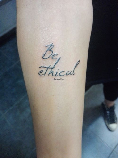 "Be ethical" - tattoo with vegan ink

Because veganism is an ethical way of living. at Popeye Loves Olive in Athens