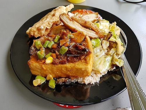 rice with tofu, cabbage and fried stuff at Mummy Yummy Stall in Northeast Singapore