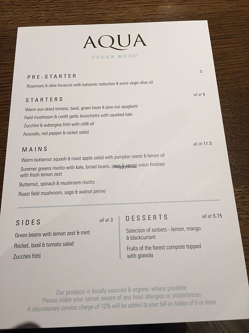 vegan menu April 2018 at Aqua in Worthing