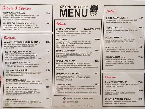 The menu as of October 2017 at Crying Thaiger in Bangkok