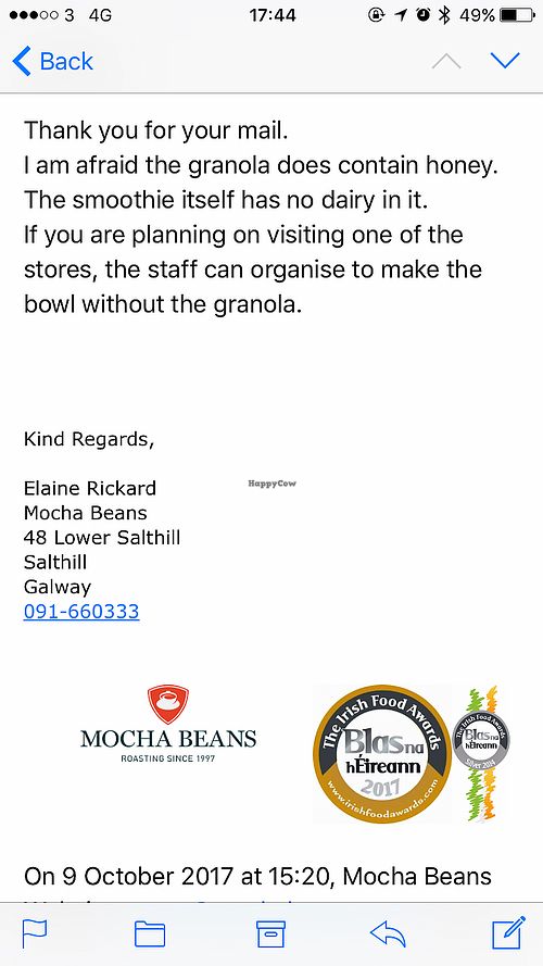 Hey just so everyone knows! I was wondering if the smoothie bowl is vegan without the honey on top but unfortunately it's not   at Mocha Beans in Galway