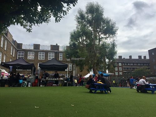 The lovely sitting area of the market at Broadway Vegan Market in East London