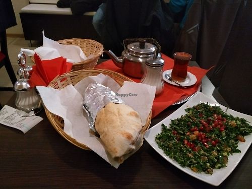 Tabbouleh + wrap + tea at Niedaleko Damaszku in Warsaw
