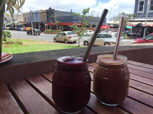 Strawberry/blueberry/banana and cacao bean smoothies  at The Living Room in Devonport