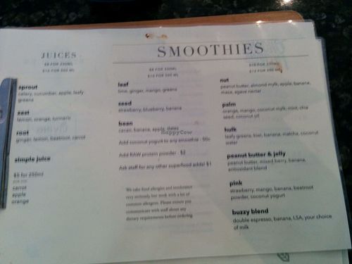 smoothie menu at The Living Room in Devonport