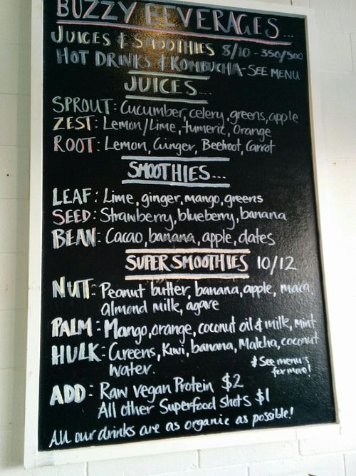 juice and smoothie menu at The Living Room in Devonport