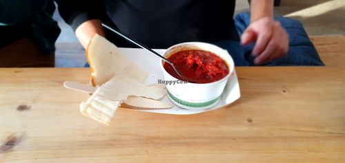 Vegan Kitchen: Beetroot daal and sourdough from the Vegan Kitchen (may be temporary - unclear). 5.95 - not amazing but dad seemed to like it. at Eden Project in St Austell