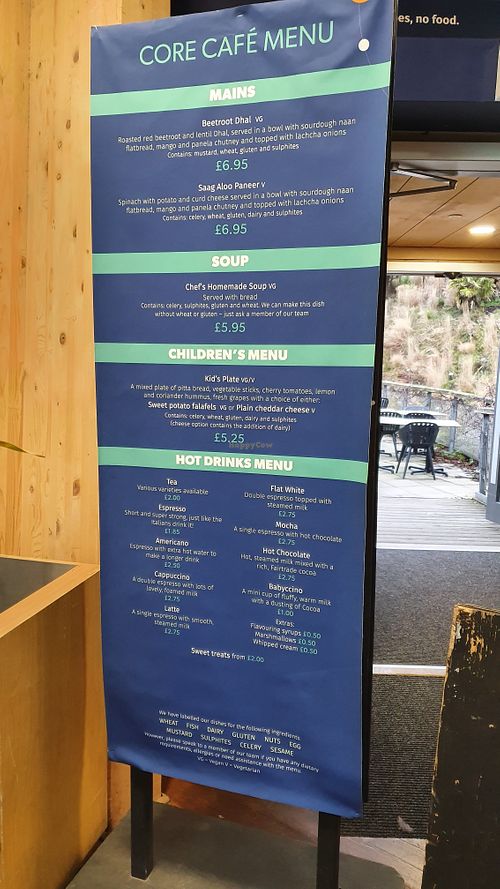 Menu at the Core Café (inside the Core building - closed in winter). at Eden Project in St Austell