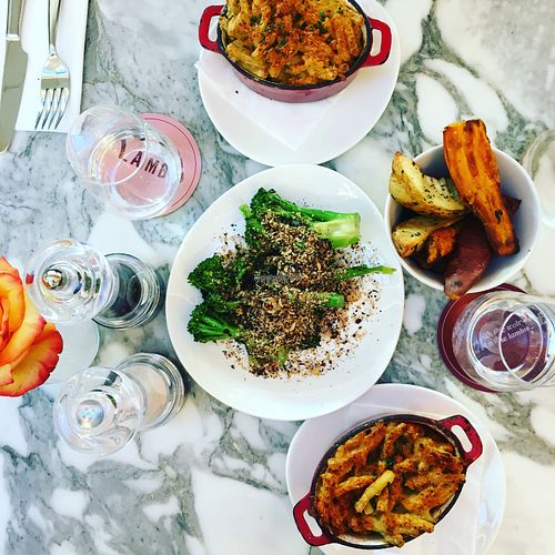 A lovely spread... the broccoli is SO good. at Wulf & Lamb Chelsea in London