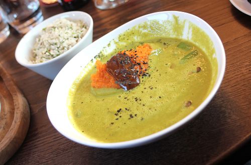 Green coconut curry with sweet potato mash.  at Wulf & Lamb Chelsea in London