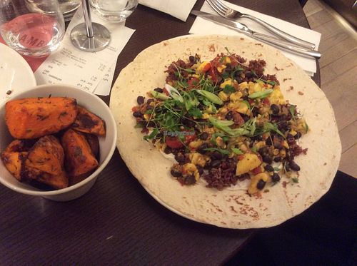 The open Burrito and very good sweet potato wedges at Wulf & Lamb Chelsea in London