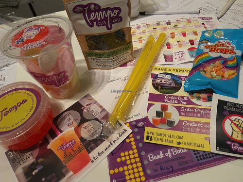 Our goodie bag at a March 2018 event at the specially laid on vegan Bubble Tea event at Tempo Tea Bar. at Vegan Events Scotland in Glasgow